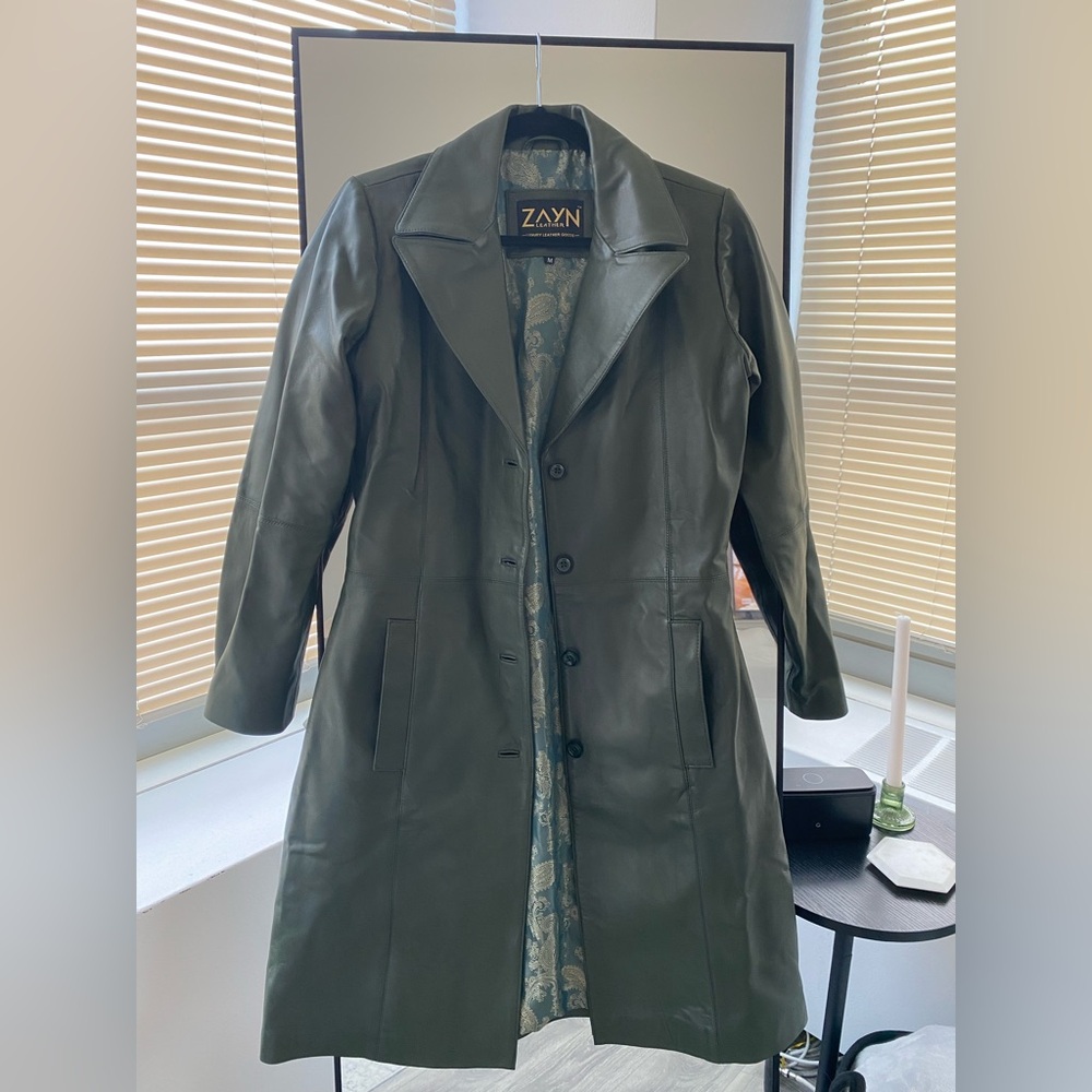 Zayn - Luxury 100% Genuine Leather Trench Coat in Army/Olive Green - Size M - Picture 2 of 12